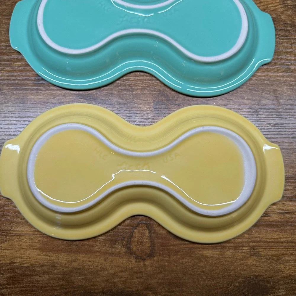 Fiesta HLC USA Figure 8 Relish Trays Set of 3 Blue Turquoise Yellow Ceramic Snac